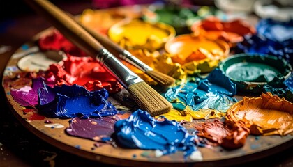 Fototapeta premium Closeup of art palette with colorful mixed paints and paintbrushed
