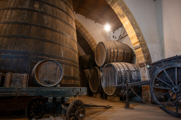 Visit of wine cellar with old large oak barrels, production of fortified dry or sweet tasty marsala...