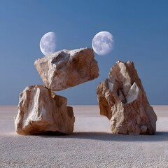 Three light beige rocks balanced on a light beige sand surface, with two pale moons in a clear blue sky