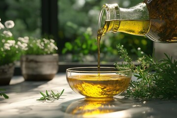 Organic Olive Oil Pouring in Glass Bowl with Aromatic Fresh Herbs - Culinary Elegance for Healthy Home Cooking