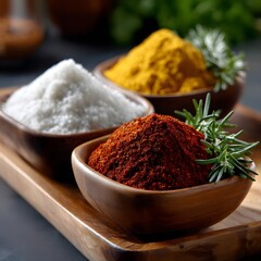 Three small wooden bowls of spices white salt, turmeric, and red chili powder, atop a dark wooden tray. Fresh rosemary sprigs sit atop the red chili powder