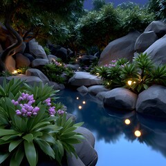 Tranquil nighttime garden path by a stream. Lush greenery, rocks, and pink flowers line a pathway next to a still body of water.  Soft lighting