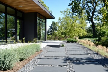 Obraz premium Modern exterior design featuring a stylish pathway with concrete slabs and greenery, set against a backdrop of trees and blue sky