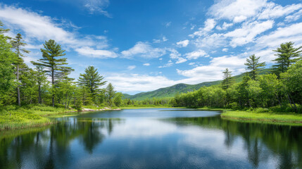serene summer landscape featuring sunlit lake in maine surrounded by lush greenery and tall trees