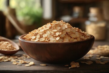 Organic Rolled Oats in Wooden Bowl. Healthy Breakfast Food with Natural Ingredients for Vegan Meal Prep