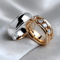 Two elegant wedding bands, one white gold, one yellow gold, with diamond accents, rest on a smooth, draped fabric