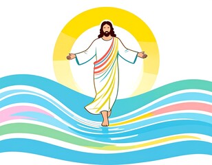 Jesus walking on water, vibrant colors