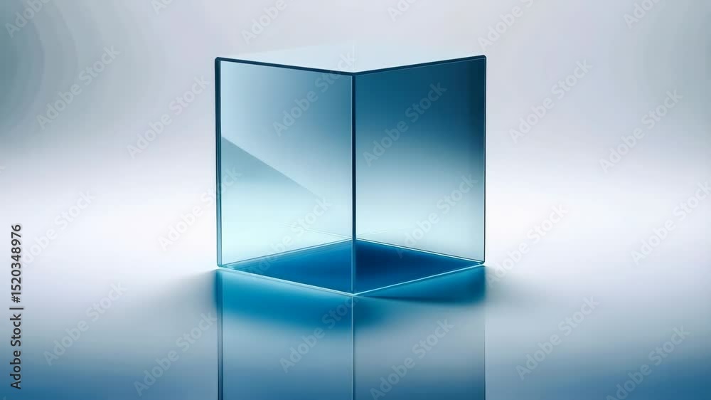 Poster abstract clear glass cube standing on white surface reflecting light, creating a sense of depth and 