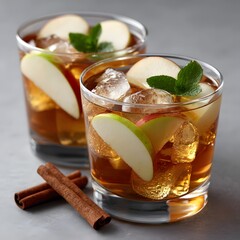 Two glasses of iced apple tea, garnished with apple slices and mint