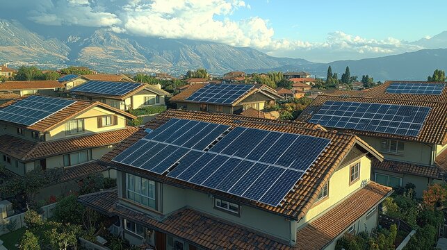 Solar panel optimization demonstration on clay tile roofs with strategic positioning for maximum energy capture in residential community