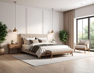 Fototapeta premium Modern beige bedroom with large windows