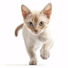 Playful White Kitten with Brown Collar. Indoor Pet Care Photography Showcasing Adorable Youthful Feline in Motion