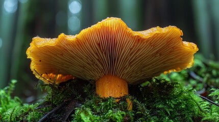 Oregon mushrooms macro photograph showing golden chanterelles with pronounced gill ridges nestled in verdant moss, natural diffused forest light creating artistic shallow depth of field background bl