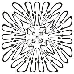 Radial arrow burst. Symmetrical direction shape. Abstract vector icon. Movement flow symbol.
