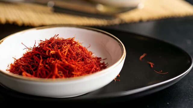 Close-up of vibrant red saffron threads heaped in a white ceramic bowl, contrasted against a black platter and textured bamboo matting