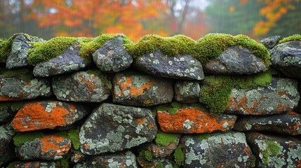 New England stonewalls displaying rich orange lichen colonies and moss patches on weathered stone surface, autumn setting with bokeh fall foliage creating natural texture composition