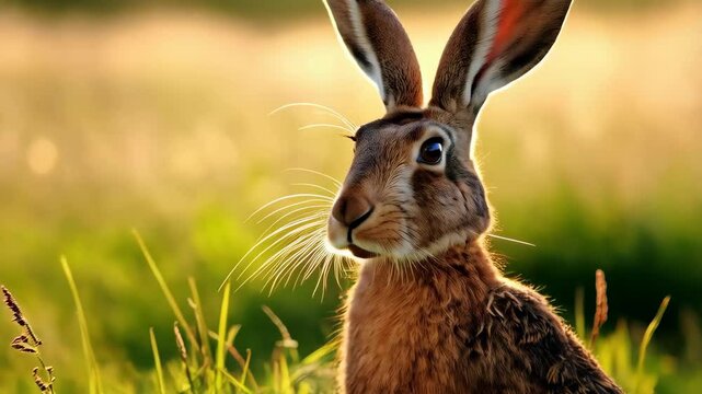 Alert brown hare sitting attentively in lush green and golden grassy meadow looking left toward sunlit field on beautiful sunny day