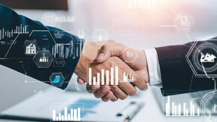 Strategic alliance two business people handshaking with data overlay, fostering progress - Powered by Adobe