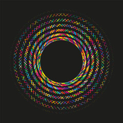 Colorful ring shape. Rainbow circle figure. Vivid radial vector. Abstract black background.