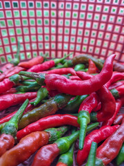 A collection of vibrant red and green chili peppers fills a basket with a checkered pattern...