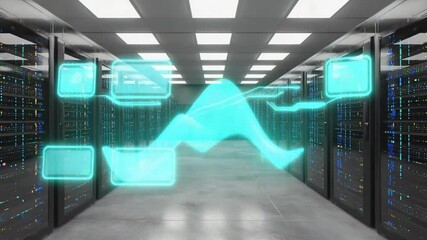 Data center server room with glowing animated flow visualization of information transmission