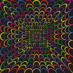 Color petal icon. Radial symmetry vector. Bright floral shape. Dark background contrast.