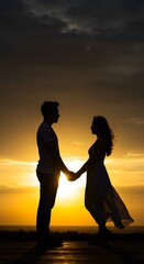 Romantic couple holding hands silhouette at sunset love story