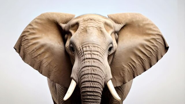 Detailed portrait of a majestic elephant, close-up of the face, showing texture and details of its skin and large ears against a simple background.
