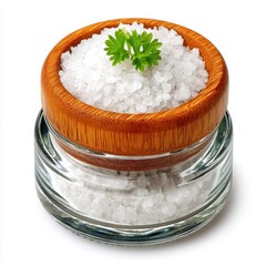 White Sea Salt in Glass Jar with Wooden Lid and Parsley Garnish