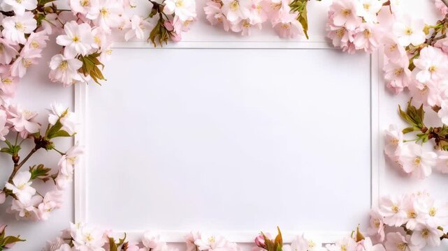 Elegant white frame surrounded by delicate pink cherry blossom branches, offering copy space for greeting cards or invitations.