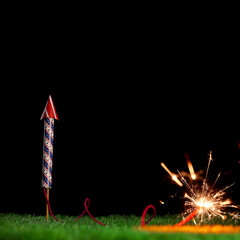 4th of July bottle rocket or fireworks in USA colors of red, white, and blue with lit sparkling firework fuse for patriotic US American 4th of July celebration.