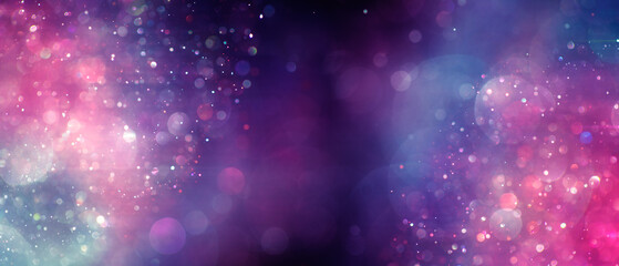 Sparkling glitter dust creating a mystical vibrant pink, purple, and blue bokeh of lights. Dreamy or magical shimmering particles softly glowing. Ethereal galaxy or nebula like abstract background.