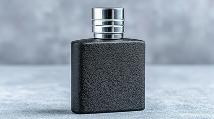 Close-up of a black perfume bottle.