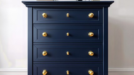 Fototapeta premium Close-up front view of elegant navy blue chest of drawers with gold handles on white background