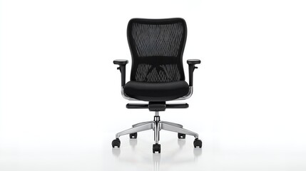 Fototapeta premium Front view of a modern black ergonomic office chair with mesh back and adjustable armrests on a white background