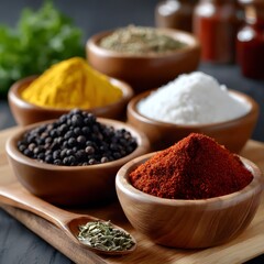 Wooden bowls of various spices, including turmeric, peppercorns, paprika, and salt