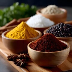 Wooden bowls of various spices, including turmeric, chili powder, salt, and peppercorns, displayed on a light-colored wooden surface