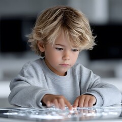 Young boy intently interacts with interactive touch screen