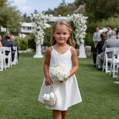 Young girl in white dress at outdoor wedding