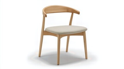 Front angle view of a modern wooden chair with beige cushioned seat on a white background
