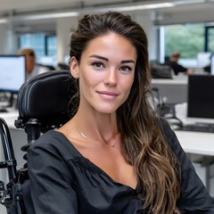 Young woman in wheelchair, office setting, smiling