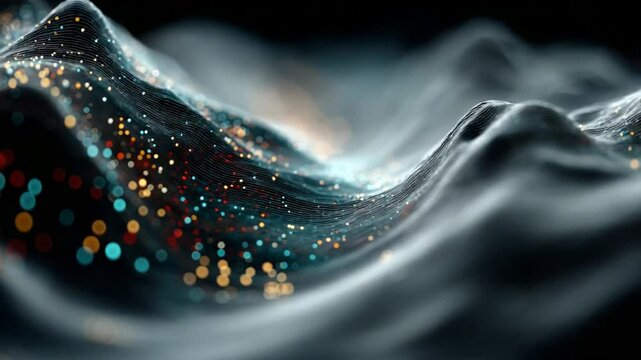 Abstract wave of digital particles on black background, technology visualization