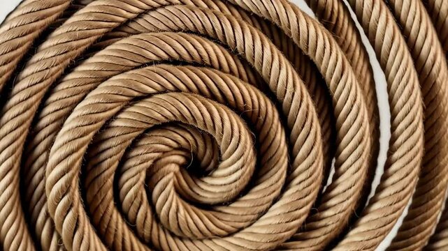 Aerial View of a Coiled Brown Rope Slowly Unraveling on a Seamless White Background in a Spinning Motion