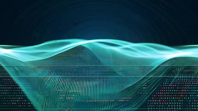 Mesmerizing digital waves of light and binary code create abstract, futuristic background design that showcases seamless blend of technology and innovation in captivating visual experience.