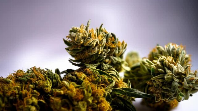 Close-up shot capturing three marijuana buds, displaying intricate details of their green leaves and orange pistils, against a plain background.