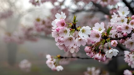 Obraz premium Delicate Pink Cherry Blossoms in Full Bloom, Capturing the Beauty of Spring in a Soft and Ethereal Garden Setting, Close-Up Floral Scene