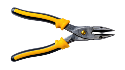 Open pliers with yellow and black handles on transparent background