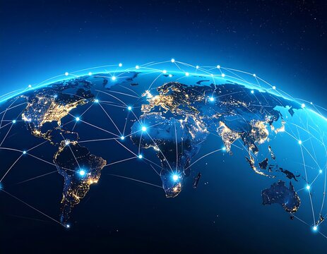 Global network, illuminated world map
