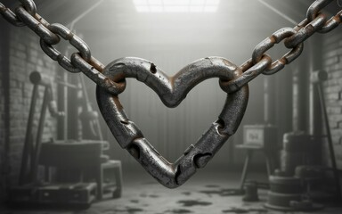 Naklejka premium Rusty chain forming heart shape in old workshop