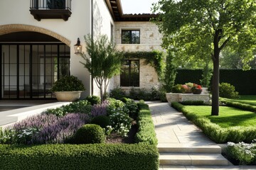 Obraz premium The garden boasts an elegant design filled with vibrant, colorful flowers and meticulously manicured hedges, creating a picturesque scene beside a charming house.